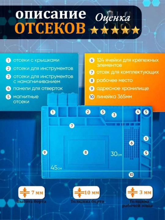Силиконовый термостойкий коврик для пайки 45×30 см (для правшей и левшей)