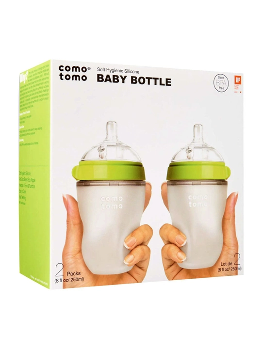 Comotomo oziqlantirish butilkasi, 250 ml, 2 dona, yashil va pushti, silikon, anti-kolik, 3+oy