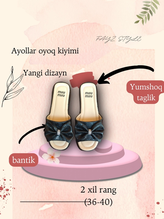 Ayollar shippagi, bahorgi-yozgi, ayollar poyabzali, 2 xil rang, o‘lchami 36-40