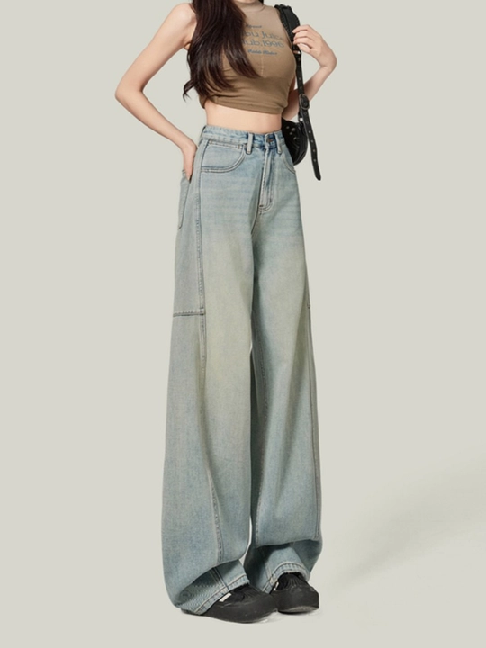 Ayollar uchun keng jinsilar Y2K koreys uslubi — oversize, baggi, baliqcha, baland bel