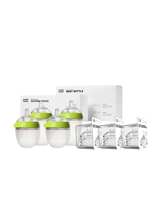 Comotomo sovg‘a to‘plami — 2×150 ml va 2×250 ml, anti-kolik, yashil va pushti