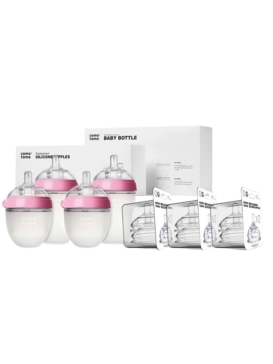 Comotomo sovg‘a to‘plami — 2×150 ml va 2×250 ml, anti-kolik, yashil va pushti