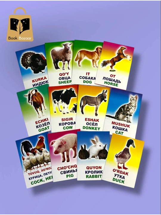 Bolalar uchun rivojlantiruvchi kartalar, alifbo, uy hayvonlar, sabzavotlar, raqamlar