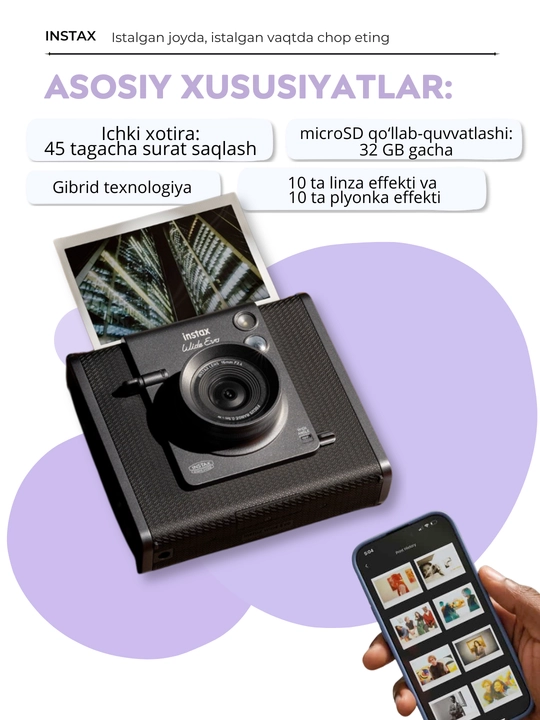 Instax Wide Evo kamera - gibrid, zudlik bilan chop etish, Wide formati 62×99 mm