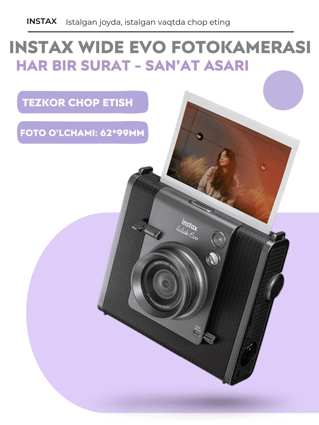 Instax Wide Evo kamera - gibrid, zudlik bilan chop etish, Wide formati 62×99 mm