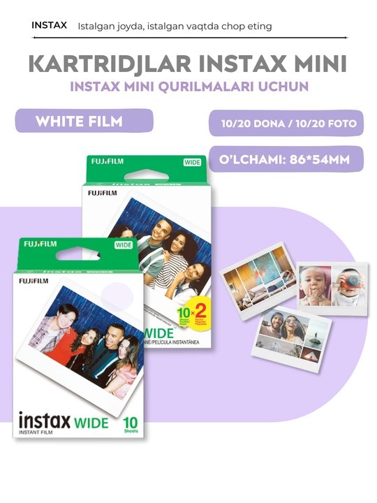 Fujifilm Instax WIDE White, Monochrome, Black plyonkasi — 10/20 dona