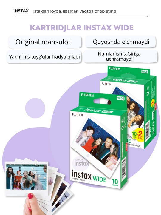 Fujifilm Instax WIDE White, Monochrome, Black plyonkasi — 10/20 dona