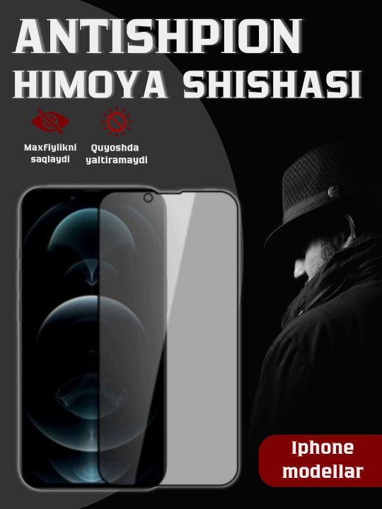 iPhone 6s, 7, 8, SE, 11, 12, 13, 14, 15, XR, XS, Pro, Max, Plus, mini uchun josusga qarshi himoya oynasi - 