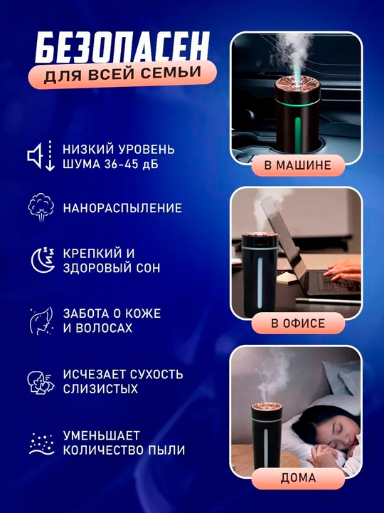 Havo namlagichi va avtomobil hamda uy uchun aromatizator, tungi chiroq, quruq tuman,300 ml