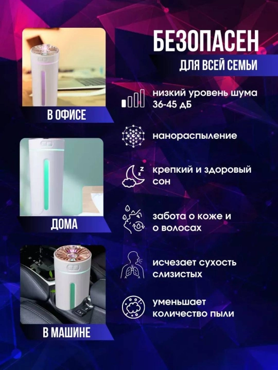 Havo namlagichi va avtomobil hamda uy uchun aromatizator, tungi chiroq, quruq tuman,300 ml