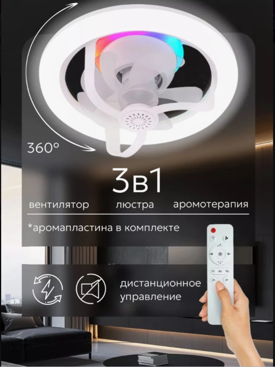 Люстра с вентилятором LED с пультом 3 режима освещения, 4 режима вращения, для всех комнат