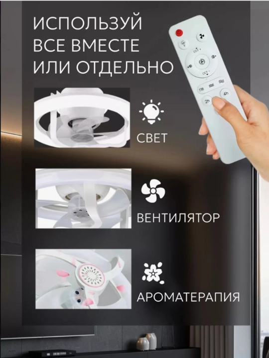 Люстра с вентилятором LED с пультом 3 режима освещения, 4 режима вращения, для всех комнат