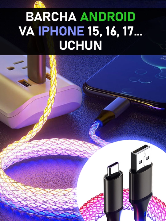Porlayotgan sim kabel Android va iPhone USB TYPE-C bilan zaryadlash uchun