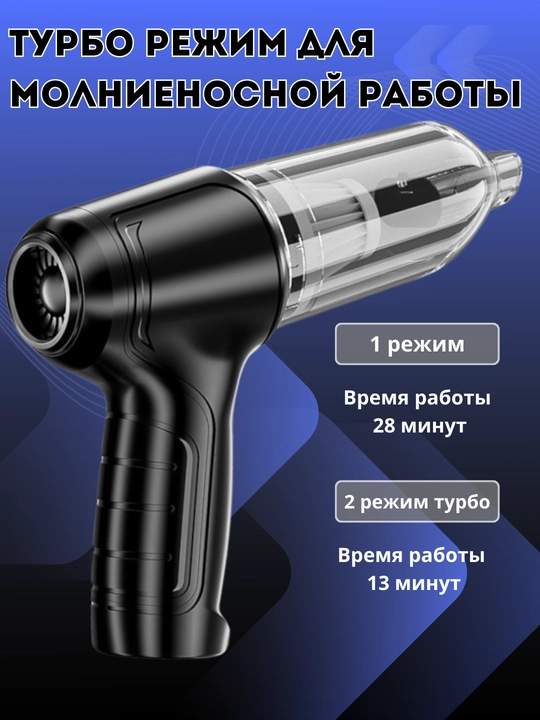 Автомобильный пылесос 12000 Ра для сухой и влажной уборки, беспроводной