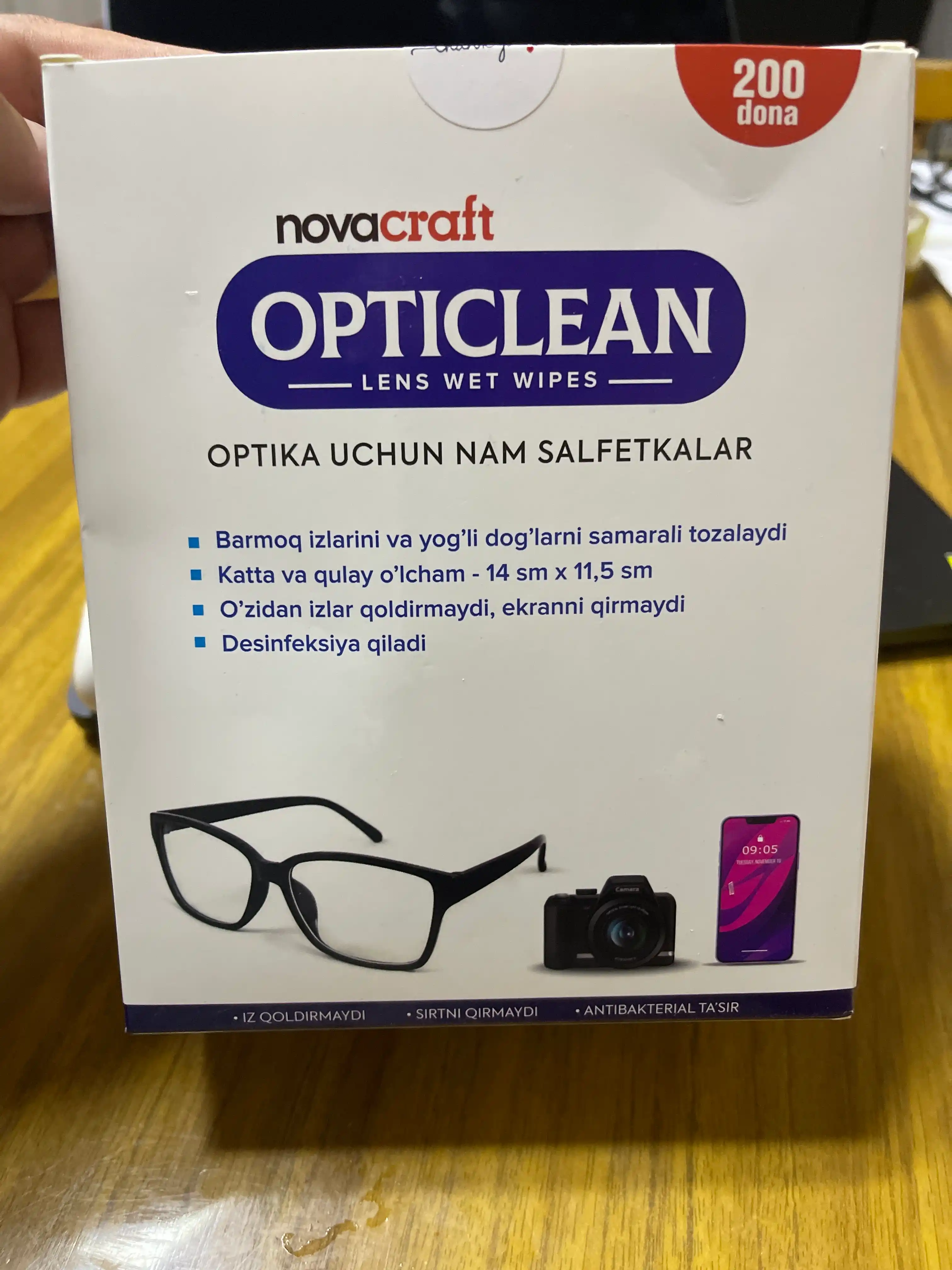 Ko‘zoynak va gadjet ekranlari uchun nam salfetkalar, Opticlean, 200 dona