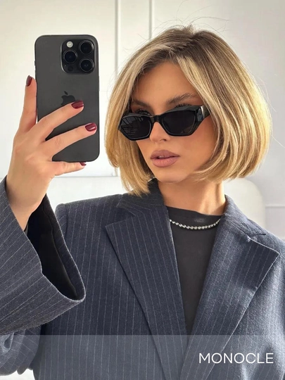 Очки солнцезащитные, чёрные, вытянутые узкие, стиль cat-eye, пластиковая оправа, UV400 — MONOCLE-GLASS3-ЧЕРН