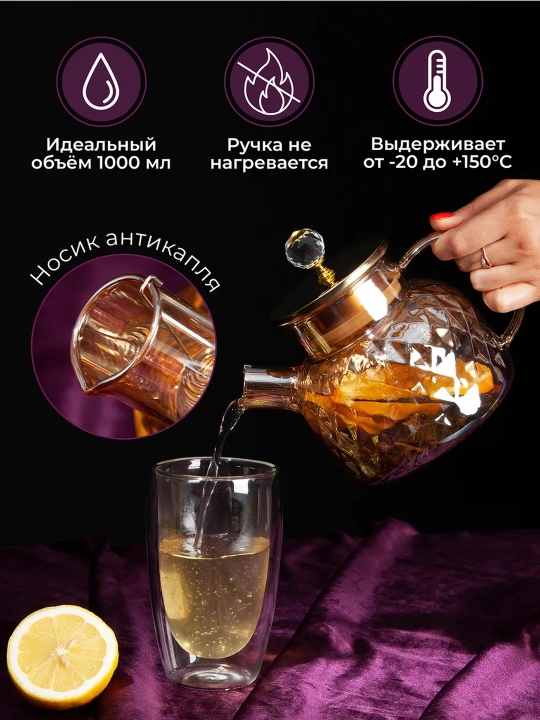 Issiqlikka chidamli shishadan, prujina elakli shisha choynak