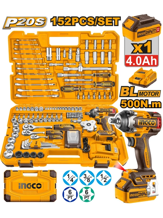INGCO dan profesional CIWLI2050 500Nm gayka buragich, 152 xil asboblar bilan to'plami - 
