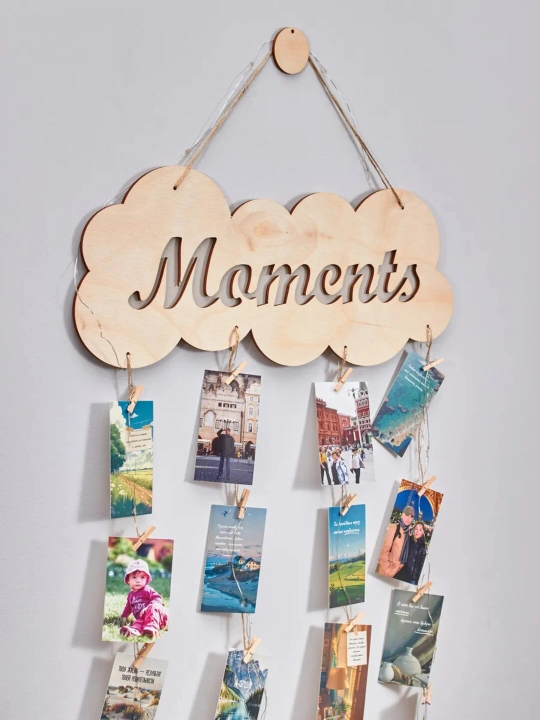 Moodboard LED chiroq bilan, foto panel qisqichli, yog‘och surat ushlagich yoritgich bilan