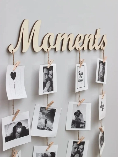Moodboard LED chiroq bilan, foto panel qisqichli, yog‘och surat ushlagich yoritgich bilan