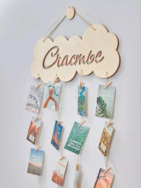 Moodboard LED chiroq bilan, foto panel qisqichli, yog‘och surat ushlagich yoritgich bilan