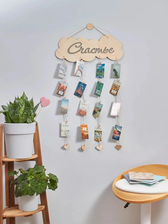 Moodboard LED chiroq bilan, foto panel qisqichli, yog‘och surat ushlagich yoritgich bilan