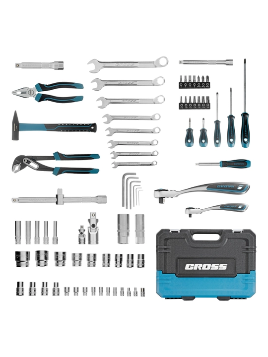 Набор инструментов GROSS, 1/4", 1/2", CrV, 120 зубьев, 76 предметов, 14156