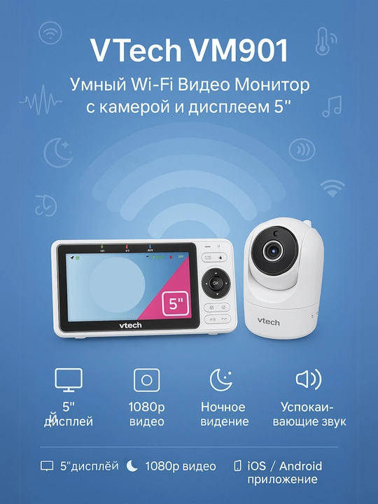 VTech VM901 Умный Wi-Fi Видео Монитор, 5" 720p дисплей, 1080p камера, Lullaby - 