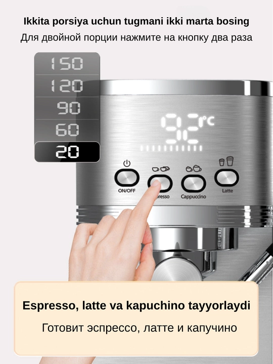 Avtomatik qahva mashinasi Cafelffe, 20 BAR bosim, 1.3 litr sig‘im, kapuchinatorli