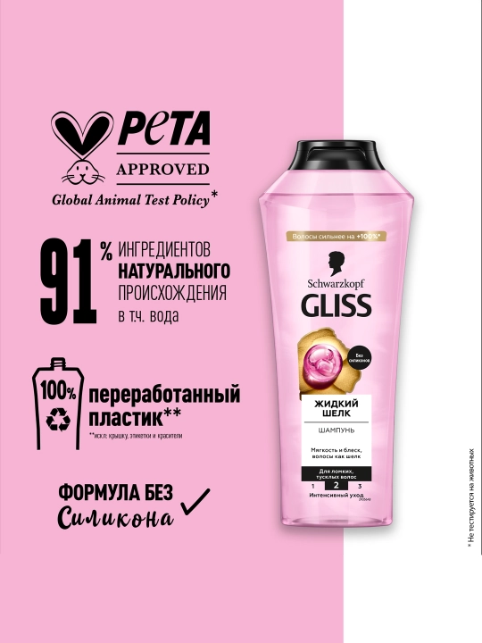 Шампунь Gliss, жидкий шелк, с комплексом керамидов и протеинами шелка, для непослушных, тусклых волос, 400 мл - 