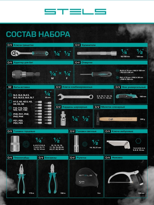Набор инструментов STELS, 1/2", 1/4", CrV, кейс, 98 предметов, 14111