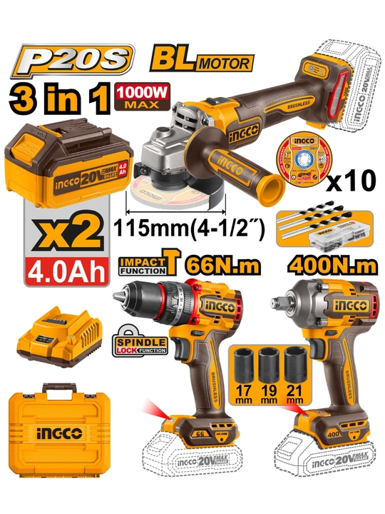INGCO COSLI241291 – Набор бесщёточных аккумуляторных инструментов 20V 3 в 1 - 