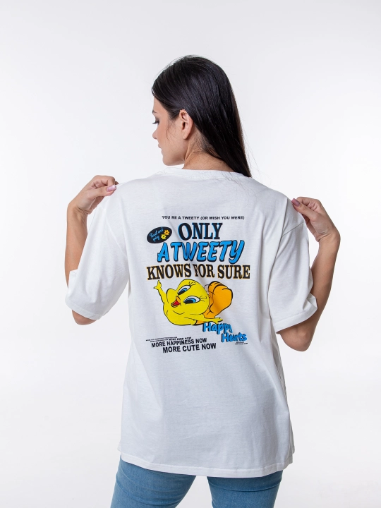 Ayollar oversayz futbolkasi, 100% paxta, printli bazaviy kiyim - 