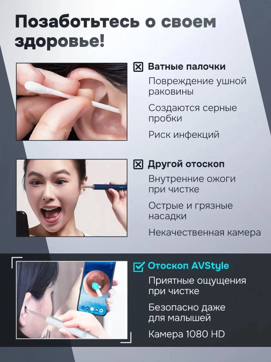Многоразовая ушная палочка, набор для чистки ушей, ухочистка с камерой 1080p Full HD Wi-Fi