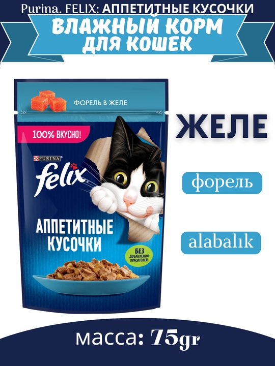 Влажный корм для кошек Felix, аппетитные кусочки в желе, разные вкусы, пауч 75гр - 