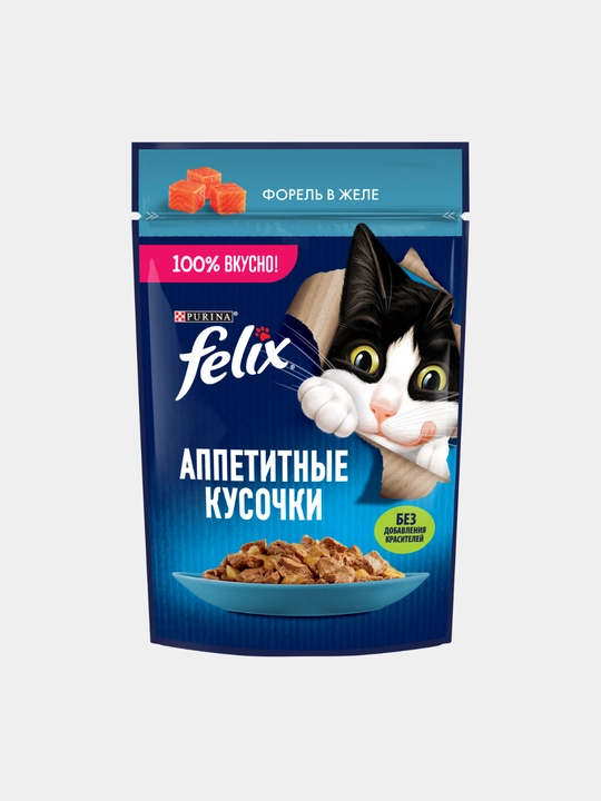 Влажный корм для кошек Felix, аппетитные кусочки в желе, разные вкусы, пауч 75гр