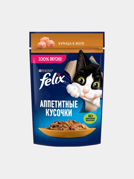 Влажный корм для кошек Felix, аппетитные кусочки в желе, разные вкусы, пауч 75гр