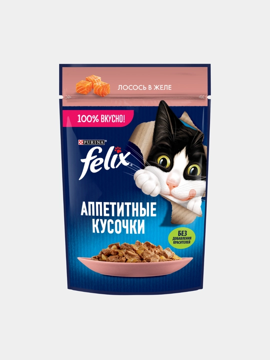 Влажный корм для кошек Felix, аппетитные кусочки в желе, разные вкусы, пауч 75гр