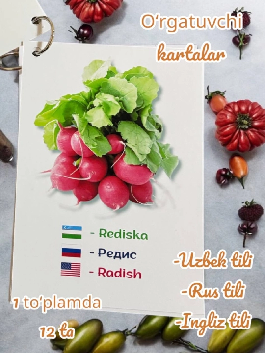 Развивающие карточки о животных, на русском, английском, узбекском языках