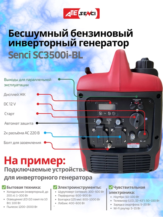 Генератор инверторный Senci SC3500i-BL, бесшумный бензиновый, максимальная мощность 3,5kW