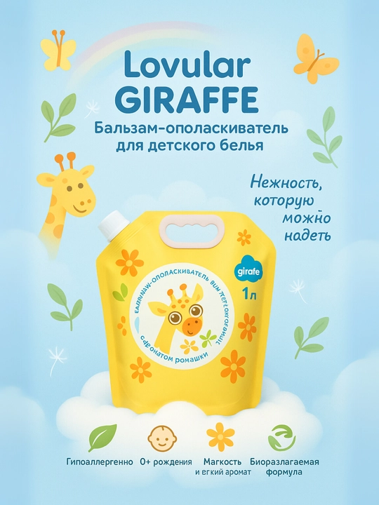 Средства Lovular для стирки и ополаскивания, 4 вариантов SWEET KISS и GIRAFFE, 1 литр - 