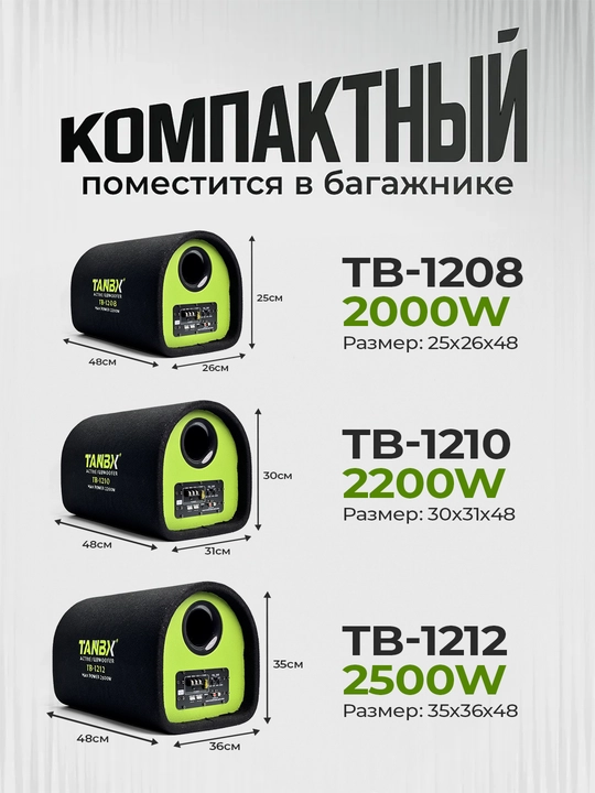 Сабвуфер со встроенным усилителем TANBX 1800,2000, 2200, 2500 Вт TB-1206, 1208, 1210, 1212