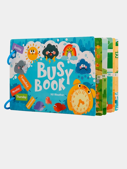 Bolalar uchun o'quv kitobi va alifbosi Busybook, lipuchkali Montessori kitobi