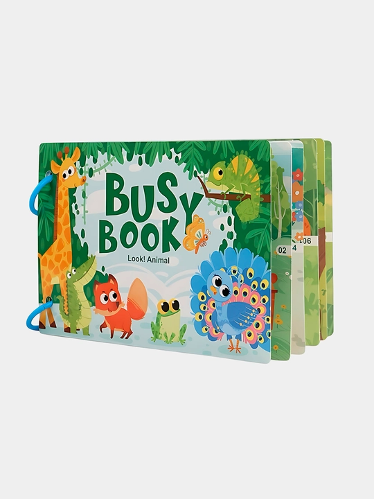 Bolalar uchun o'quv kitobi va alifbosi Busybook, lipuchkali Montessori kitobi