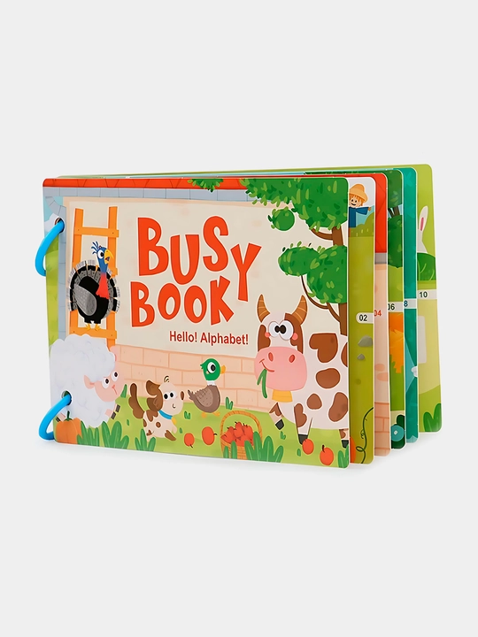 Bolalar uchun o'quv kitobi va alifbosi Busybook, lipuchkali Montessori kitobi