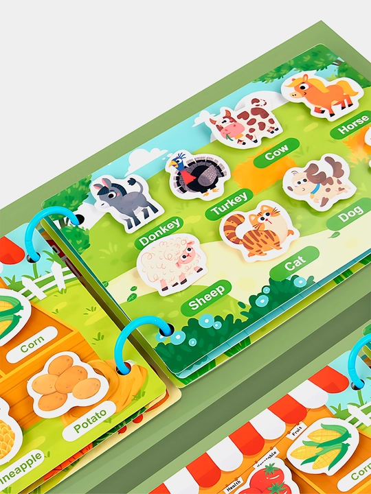 Bolalar uchun o'quv kitobi va alifbosi Busybook, lipuchkali Montessori kitobi