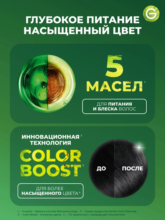Garnier "Color Naturals" chidamli to‘yimli soch kremi bo‘yog‘i, 1 tus Qora.