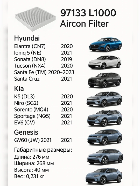 Фильтр салона 97133 L1000, для широкого модельного ряда Hyundai и Kia