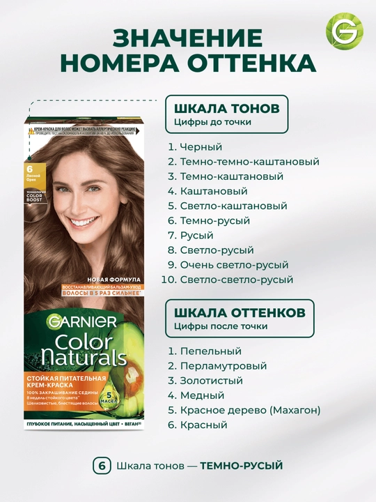 Garnier "Color Naturals" soch uchun chidamli to‘yimli krem bo‘yog‘i, 6 tusli Les. Yong‘oq