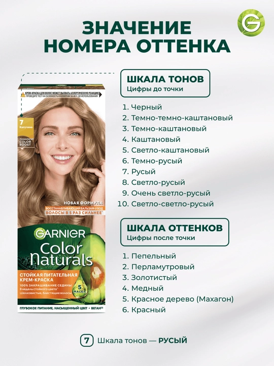 Garnier "Color Naturals" soch uchun chidamli to‘yimli bo‘yoq kremi, 7 rangli Kapuchino